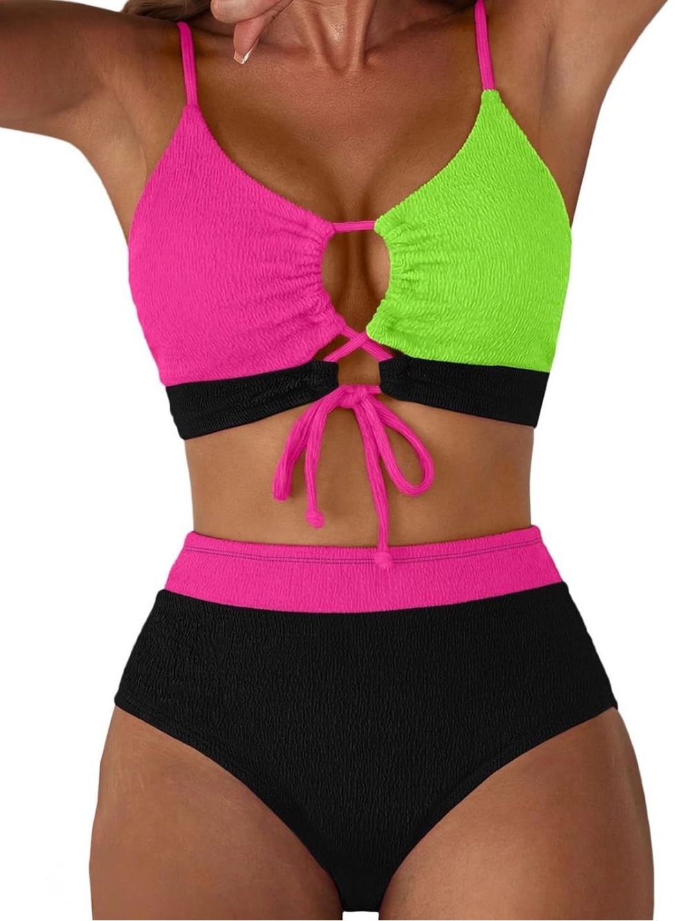 Colorblock Pink & Lime High-Waist Women's Swim Set